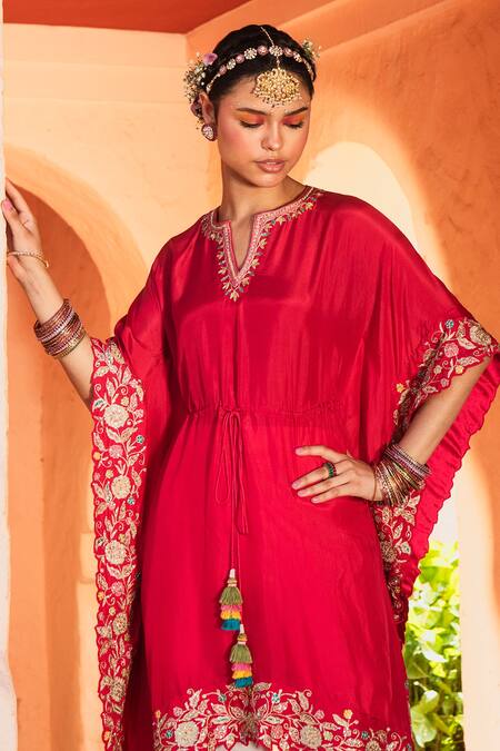 Buy_House of Dasmaya_Pink Silk Embroidered Resham Notched Kaftan And Tulip Pant Set _Online_at_Aza_Fashions