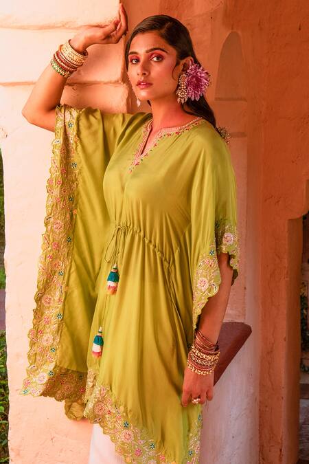 Buy_House of Dasmaya_Green Silk, Lining Shantoon Resham, Aari Notched Kaftan And Tulip Pant Set _Online_at_Aza_Fashions