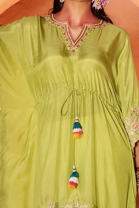 Shop_House of Dasmaya_Green Silk, Lining Shantoon Resham, Aari Notched Kaftan And Tulip Pant Set _Online_at_Aza_Fashions