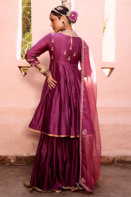 Shop House of Dasmaya Purple Silk Chanderi Embroidered Resham Round Gharara Set at Aza Fashions Shop_House of Dasmaya_Purple Silk Chanderi Embroidered Resham Round Gharara Set _at_Aza_Fashions