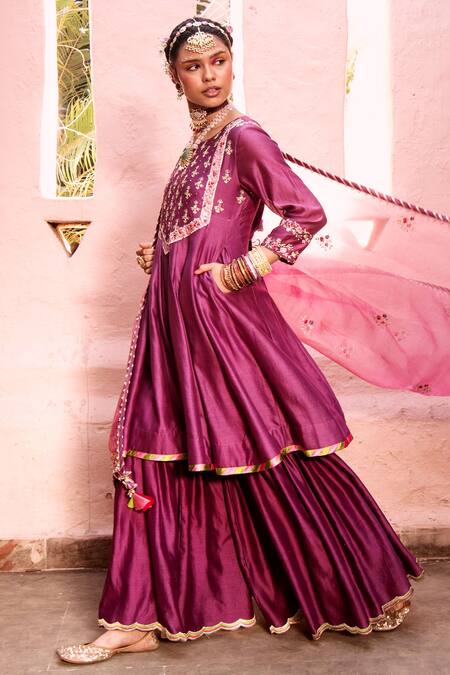 House of Dasmaya Purple Silk Chanderi Embroidered Resham Round Gharara Set Online at Aza Fashions House of Dasmaya_Purple Silk Chanderi Embroidered Resham Round Gharara Set _Online_at_Aza_Fashions