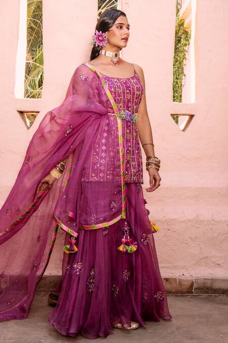 House of Dasmaya_Purple , Organza, Lining Shantoon Patri, Embroidered Kurta Sharara Set _Online_at_Aza_Fashions