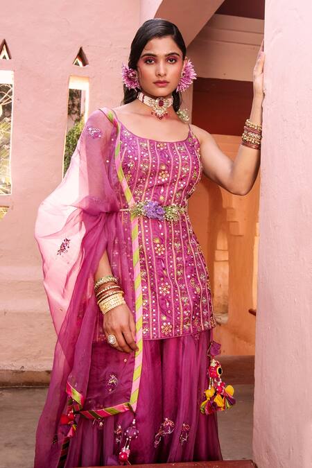 House of Dasmaya_Purple , Organza, Lining Shantoon Patri, Embroidered Kurta Sharara Set _at_Aza_Fashions