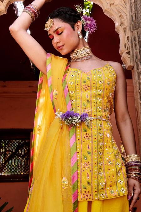 Buy_House of Dasmaya_Yellow Organza, Lining Shantoon, Embroidered Kurta Sharara Set _Online_at_Aza_Fashions