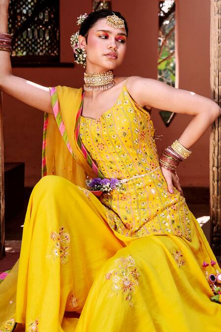 Shop_House of Dasmaya_Yellow Organza, Lining Shantoon, Embroidered Kurta Sharara Set _Online_at_Aza_Fashions