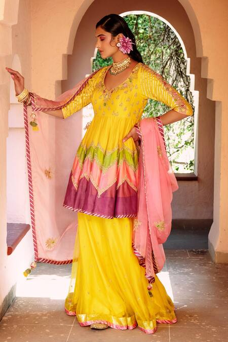 House of Dasmaya_Yellow Organza, Lining Shantoon, Color Block Anarkali Sharara Set _Online_at_Aza_Fashions