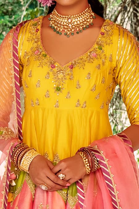 Shop_House of Dasmaya_Yellow Organza, Lining Shantoon, Color Block Anarkali Sharara Set _Online_at_Aza_Fashions