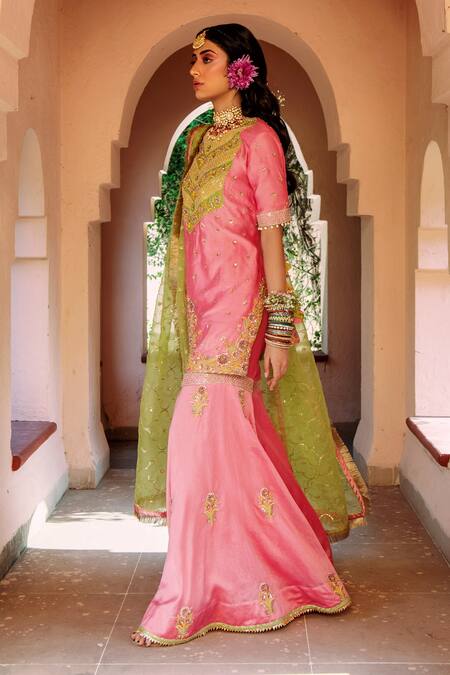 House of Dasmaya_Pink Organza, Lining Shantoon, Chanderi Zardozi Kurta Gharara Set _Online_at_Aza_Fashions