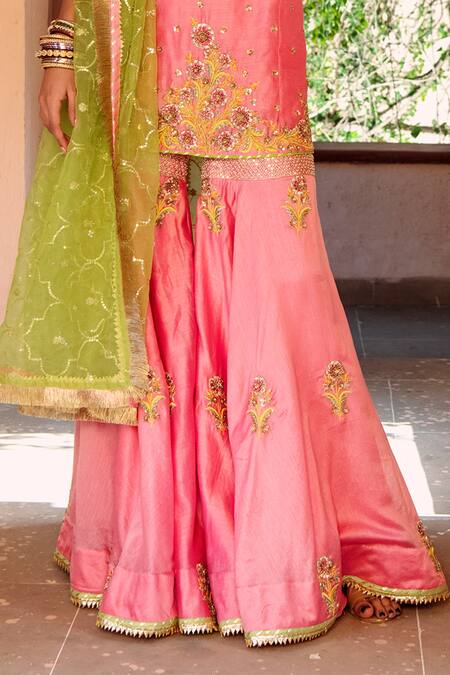 Buy_House of Dasmaya_Pink Organza, Lining Shantoon, Chanderi Zardozi Kurta Gharara Set _Online_at_Aza_Fashions
