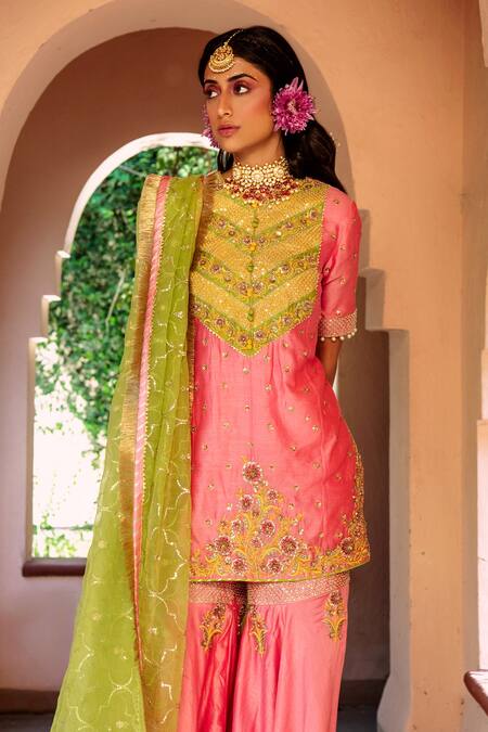 Shop_House of Dasmaya_Pink Organza, Lining Shantoon, Chanderi Zardozi Kurta Gharara Set _Online_at_Aza_Fashions