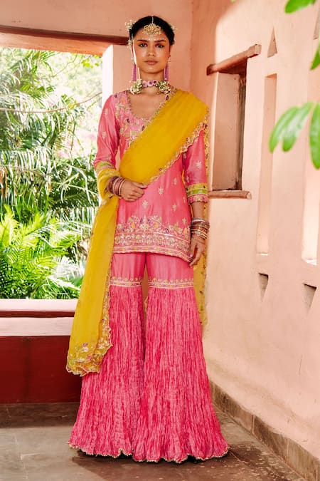House of Dasmaya Pink Silk Chanderi Embroidered Resham Scoop Neck Kurta With Crinkled Gharara Set 