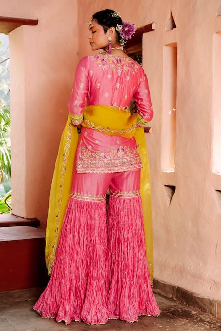 Shop House of Dasmaya Pink Silk Chanderi Embroidered Resham Scoop Neck Kurta With Crinkled Gharara Set at Aza Fashions Shop_House of Dasmaya_Pink Silk Chanderi Embroidered Resham Scoop Neck Kurta With Crinkled Gharara Set _at_Aza_Fashions