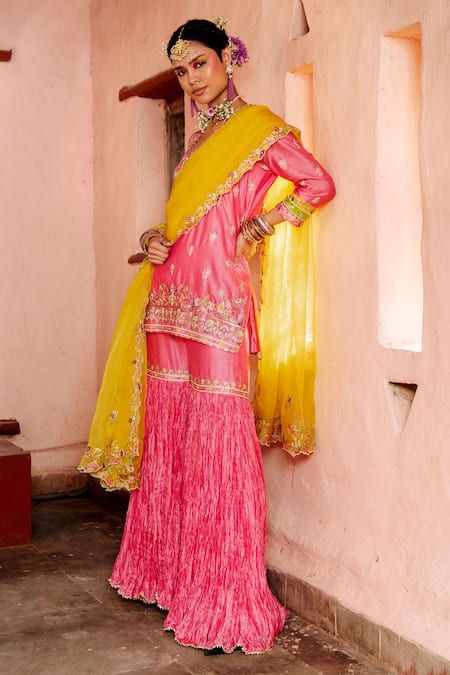 House of Dasmaya Pink Silk Chanderi Embroidered Resham Scoop Neck Kurta With Crinkled Gharara Set Online at Aza Fashions House of Dasmaya_Pink Silk Chanderi Embroidered Resham Scoop Neck Kurta With Crinkled Gharara Set _Online_at_Aza_Fashions