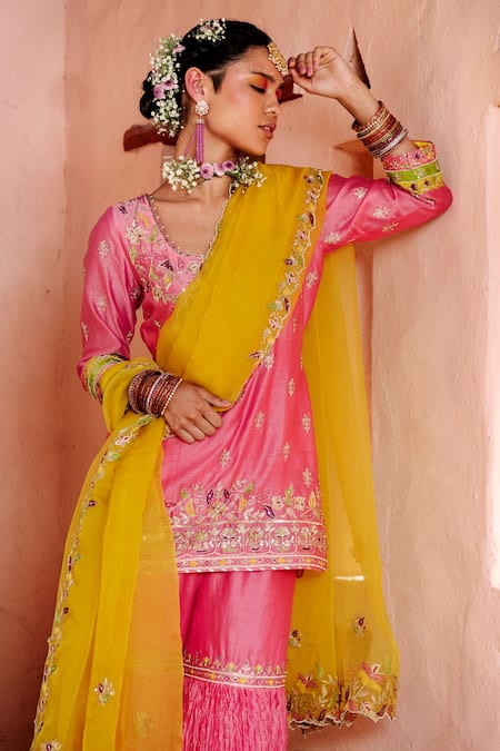 Buy House of Dasmaya Pink Silk Chanderi Embroidered Resham Scoop Neck Kurta With Crinkled Gharara Set Online at Aza Fashions Buy_House of Dasmaya_Pink Silk Chanderi Embroidered Resham Scoop Neck Kurta With Crinkled Gharara Set _Online_at_Aza_Fashions