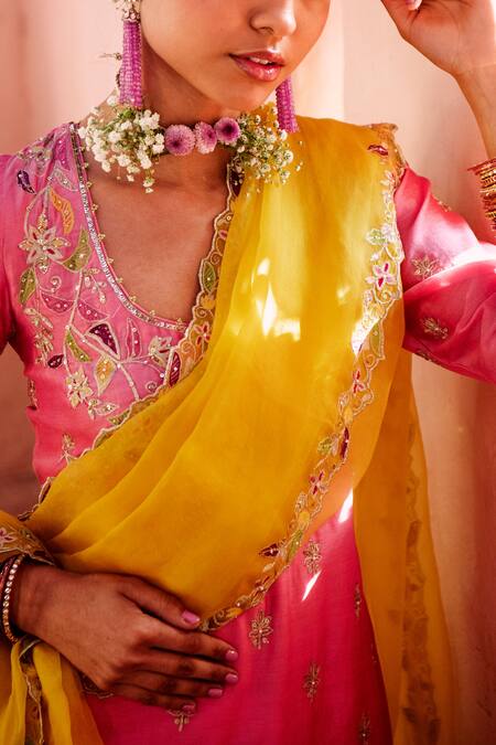 Shop House of Dasmaya Pink Silk Chanderi Embroidered Resham Scoop Neck Kurta With Crinkled Gharara Set Online at Aza Fashions Shop_House of Dasmaya_Pink Silk Chanderi Embroidered Resham Scoop Neck Kurta With Crinkled Gharara Set _Online_at_Aza_Fashions