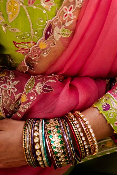 Shop_House of Dasmaya_Green Silk Chanderi Embroidered Resham Scoop Kurta With Crinkled Gharara Set _Online_at_Aza_Fashions