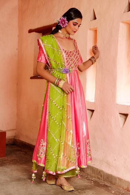 House of Dasmaya_Pink Organza, Lining Shantoon, Chanderi Embroidered Anarkali Set _Online_at_Aza_Fashions