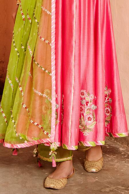 Shop_House of Dasmaya_Pink Organza, Lining Shantoon, Chanderi Embroidered Anarkali Set _Online_at_Aza_Fashions