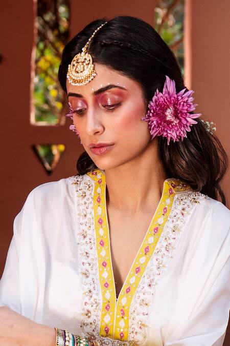 House of Dasmaya_Yellow Silk, Satin, Lining Shantoon Resham, Zari Kaftan With Dhoti Pant Set _Online_at_Aza_Fashions