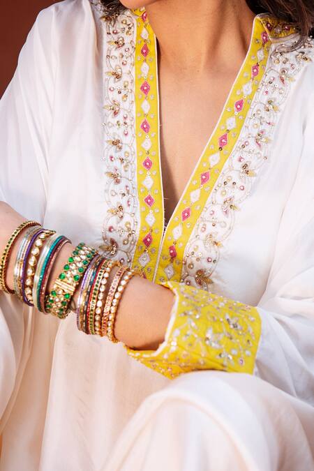 Buy_House of Dasmaya_Yellow Silk, Satin, Lining Shantoon Resham, Zari Kaftan With Dhoti Pant Set _Online_at_Aza_Fashions