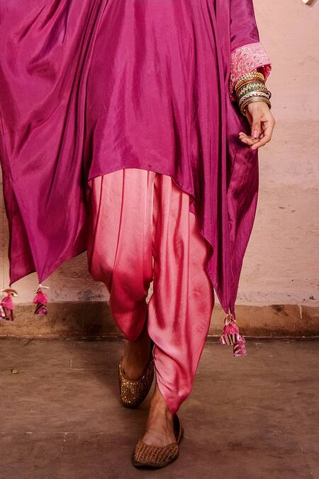 Shop_House of Dasmaya_Purple Silk Embroidered Resham Notched Kaftan With Dhoti Pant Set _Online_at_Aza_Fashions