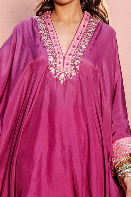 House of Dasmaya_Purple Silk Embroidered Resham Notched Kaftan With Dhoti Pant Set _at_Aza_Fashions
