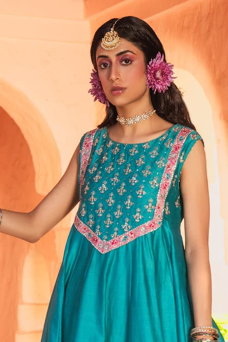 House of Dasmaya_Blue Lining Shantoon, Silk Chanderi Zari Round Embroidered Anarkali And Pant Set _Online_at_Aza_Fashions