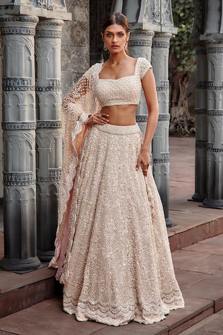 Nitika Gujral Pink Tulle Embroidered Sequin Sweetheart Neck Bridal Lehenga Set 