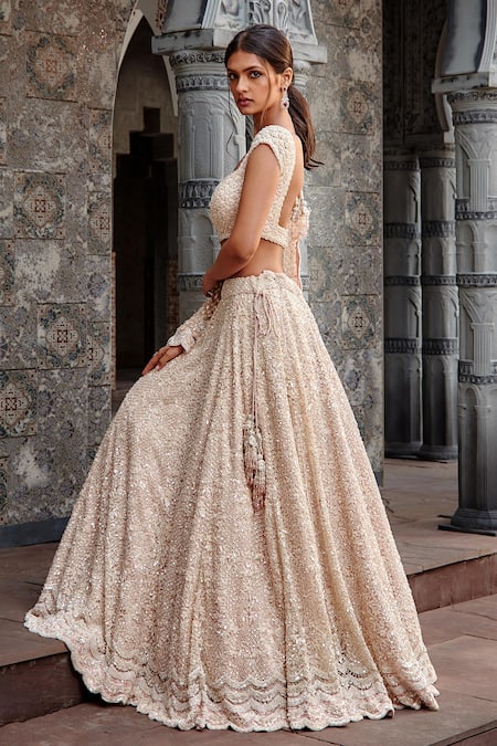Shop_Nitika Gujral_Pink Tulle Embroidered Sequin Sweetheart Neck Bridal Lehenga Set _Online_at_Aza_Fashions