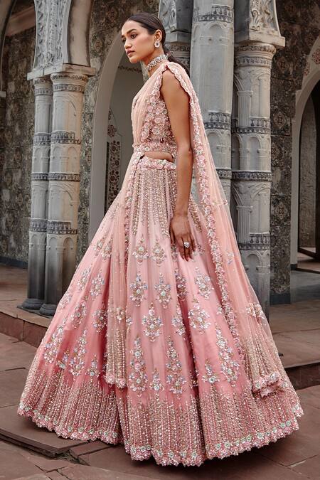 Nitika Gujral_Pink Organza Floral, Sequin, Bead And Crystal V Neck Lehenga Set_Online_at_Aza_Fashions