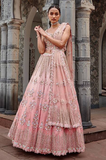 Buy_Nitika Gujral_Pink Organza Floral, Sequin, Bead And Crystal V Neck Lehenga Set_Online_at_Aza_Fashions