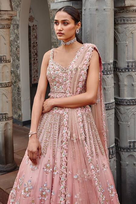 Shop_Nitika Gujral_Pink Organza Floral, Sequin, Bead And Crystal V Neck Lehenga Set_Online_at_Aza_Fashions
