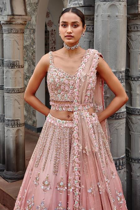 Nitika Gujral_Pink Organza Floral, Sequin, Bead And Crystal V Neck Lehenga Set_at_Aza_Fashions