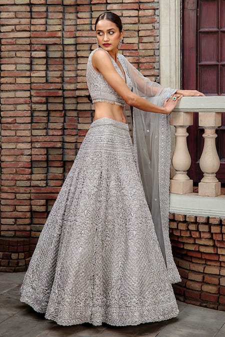 Buy Silver Net Embroidery Sequin Sweetheart Neck Bridal Lehenga Set For  Women by Seema Gujral Online at Aza Fashions.