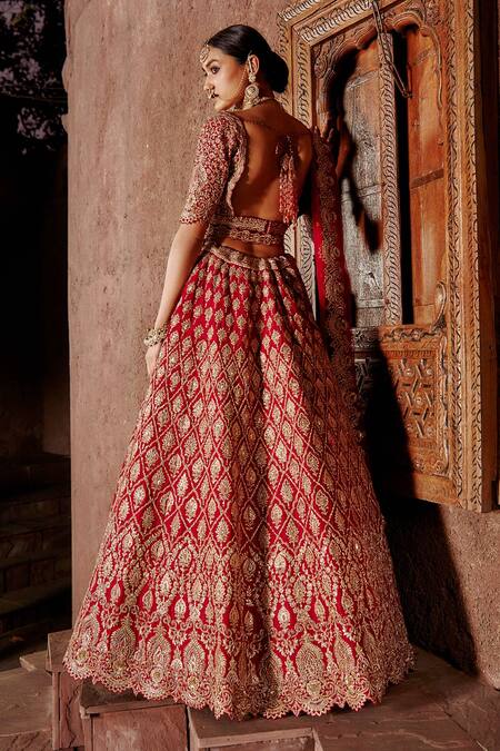 Buy Nitika Gujral Red Raw Silk Sequin, Applique, Bead And Crystal, Dabka V Neck Bridal Lehenga Set Online at Aza Fashions Buy_Nitika Gujral_Red Raw Silk Sequin, Applique, Bead And Crystal, Dabka V Neck Bridal Lehenga Set_Online_at_Aza_Fashions