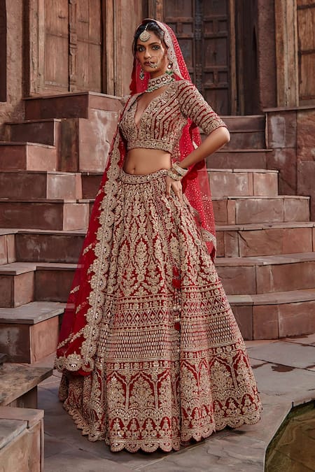 Buy_Nitika Gujral_Red Velvet Gota, Sequin, Dabka And Crystals V Neck Embroidered Bridal Lehenga Set _Online_at_Aza_Fashions