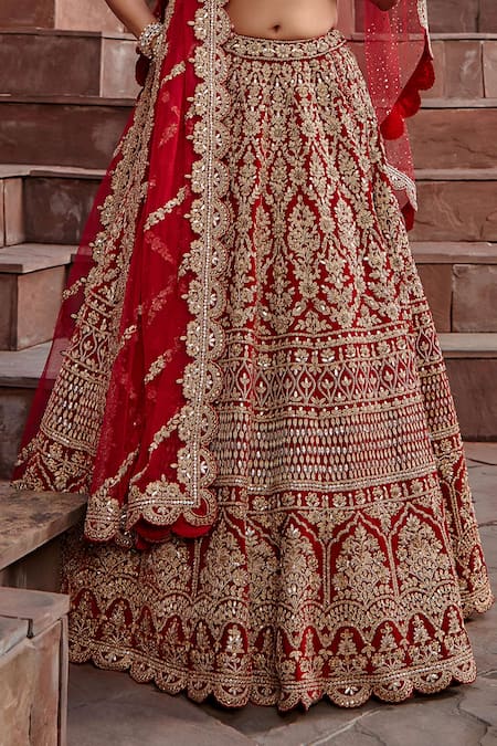Shop_Nitika Gujral_Red Velvet Gota, Sequin, Dabka And Crystals V Neck Embroidered Bridal Lehenga Set _Online_at_Aza_Fashions