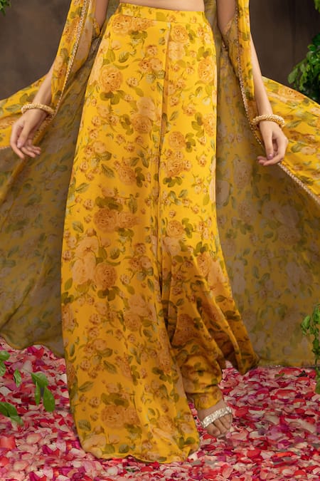 Adi By Aditya Khandelwl Yellow Georgette And Raw Silk Floral Printed, Gota Cape Top With Palazzo Pants at Aza Fashions Adi By Aditya Khandelwl_Yellow Georgette And Raw Silk Floral Printed, Gota Cape Top With Palazzo Pants _at_Aza_Fashions