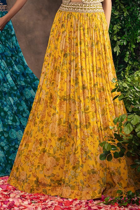 Buy_Adi By Aditya Khandelwl_Yellow Georgette And Raw Silk Floral Printed, Gota Patti, Pearl & Lehenga Set_Online_at_Aza_Fashions