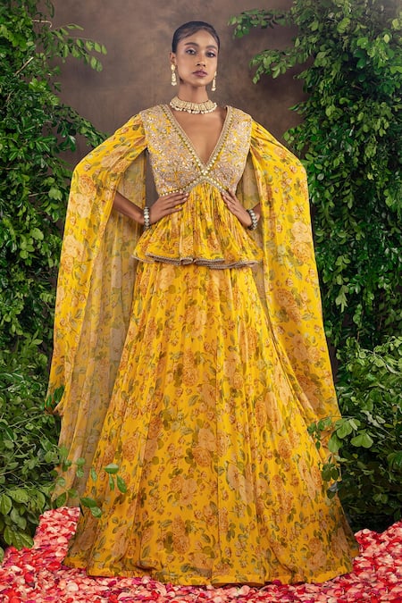 Adi By Aditya Khandelwl_Yellow Georgette Floral Printed, Gota Patti, Pearl And Dabka, Sequin, Lehenga Set_Online_at_Aza_Fashions