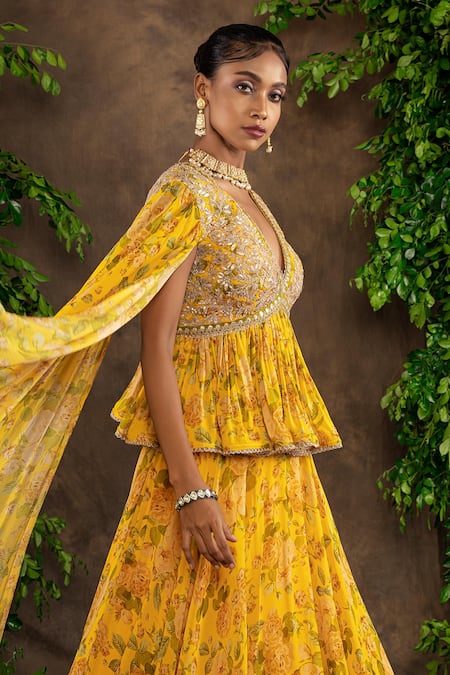 Buy_Adi By Aditya Khandelwl_Yellow Georgette Floral Printed, Gota Patti, Pearl And Dabka, Sequin, Lehenga Set_Online_at_Aza_Fashions