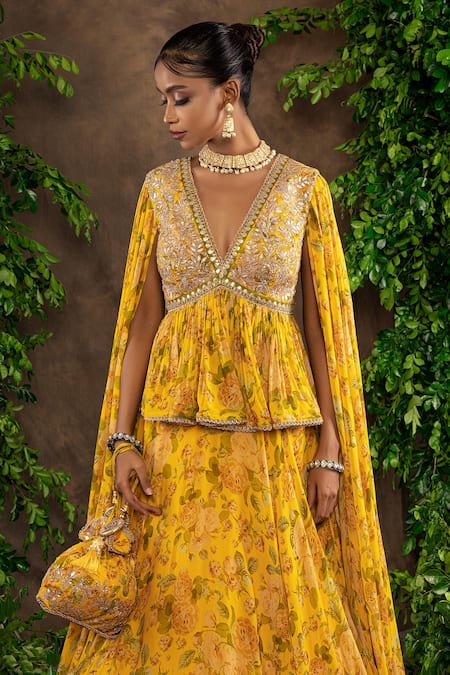 Shop_Adi By Aditya Khandelwl_Yellow Georgette Floral Printed, Gota Patti, Pearl And Dabka, Sequin, Lehenga Set_Online_at_Aza_Fashions