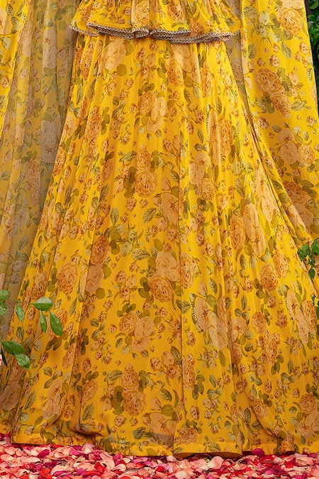 Adi By Aditya Khandelwl_Yellow Georgette Floral Printed, Gota Patti, Pearl And Dabka, Sequin, Lehenga Set_at_Aza_Fashions