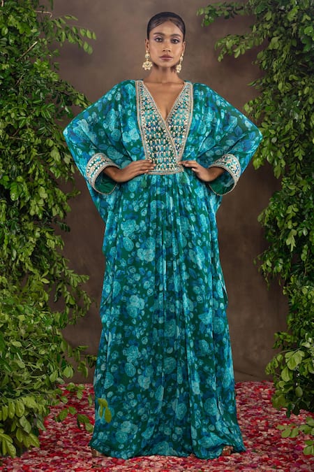 Buy Blue Georgette Embroidery V Neck Kaftan Dress For Women by Not