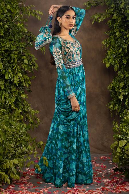 Adi By Aditya Khandelwl Blue Georgette Floral Motifs V Neck Printed Anarkali And Dupatta Set Online at Aza Fashions Adi By Aditya Khandelwl_Blue Georgette Floral Motifs V Neck Printed Anarkali And Dupatta Set _Online_at_Aza_Fashions