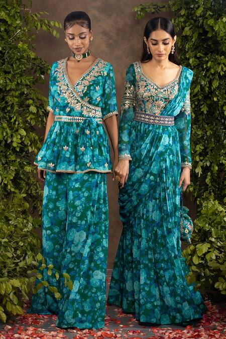 Shop Adi By Aditya Khandelwl Blue Georgette Floral Motifs V Neck Printed Anarkali And Dupatta Set Online at Aza Fashions Shop_Adi By Aditya Khandelwl_Blue Georgette Floral Motifs V Neck Printed Anarkali And Dupatta Set _Online_at_Aza_Fashions
