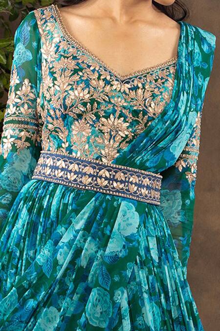 Adi By Aditya Khandelwl Blue Georgette Floral Motifs V Neck Printed Anarkali And Dupatta Set at Aza Fashions Adi By Aditya Khandelwl_Blue Georgette Floral Motifs V Neck Printed Anarkali And Dupatta Set _at_Aza_Fashions