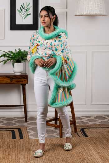Buy_Rhe-Ana_Blue Print Faux Fur Shawl _Online_at_Aza_Fashions