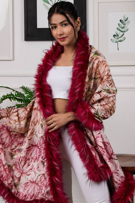 Shop_Rhe-Ana_Red Print Faux Fur Shawl _Online_at_Aza_Fashions