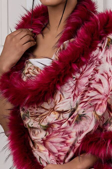Rhe-Ana_Red Print Faux Fur Shawl _at_Aza_Fashions